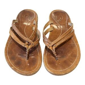 OluKai Tan Leather Kapehe Luana Flip Flop Sandal Double Strap Women 5 Boho Beach